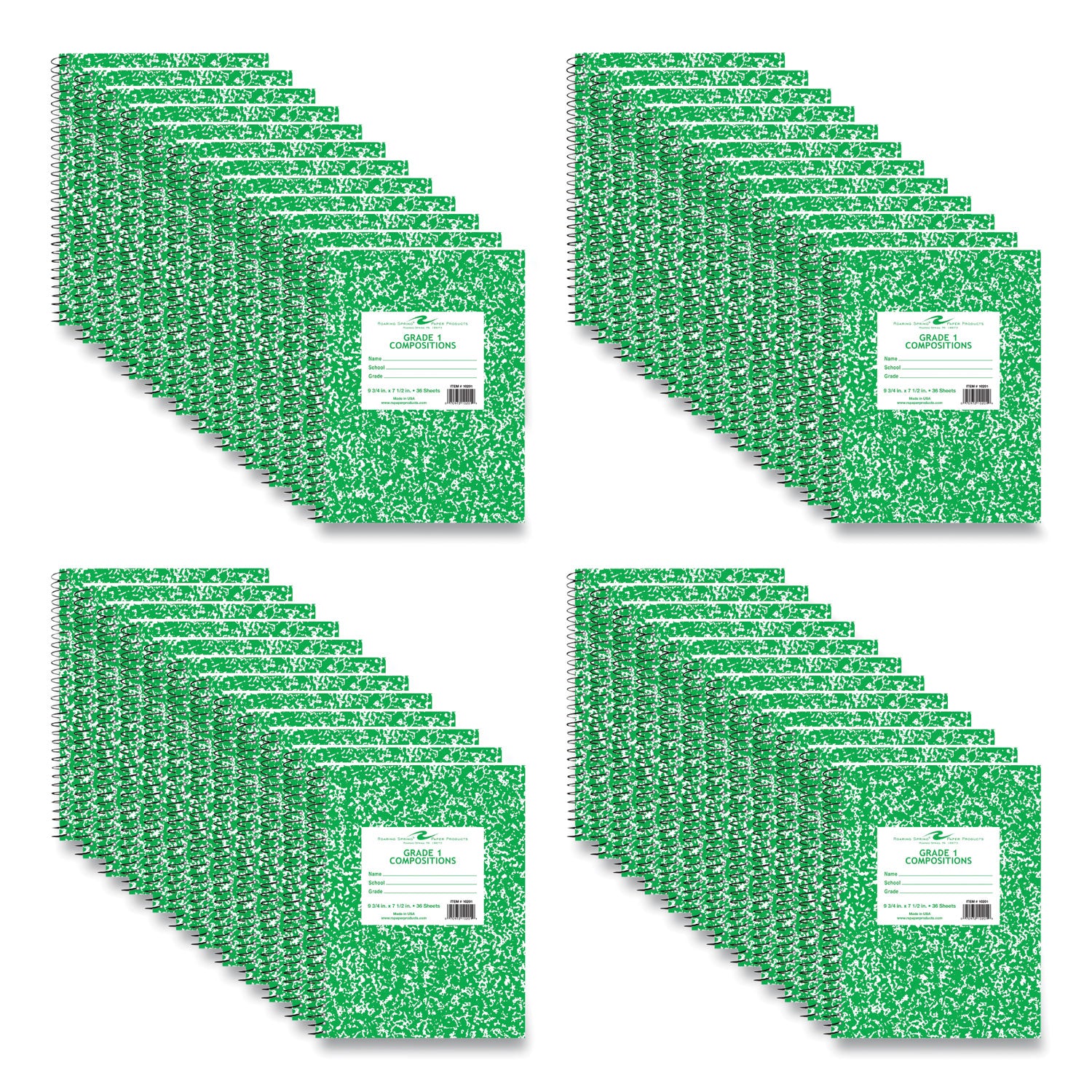 Grade School Wirebound Composition Book, Grade 1 Manuscript Format, Green Marble Cover, (36) 9.75 x 7.5 Sheets, 48/Carton