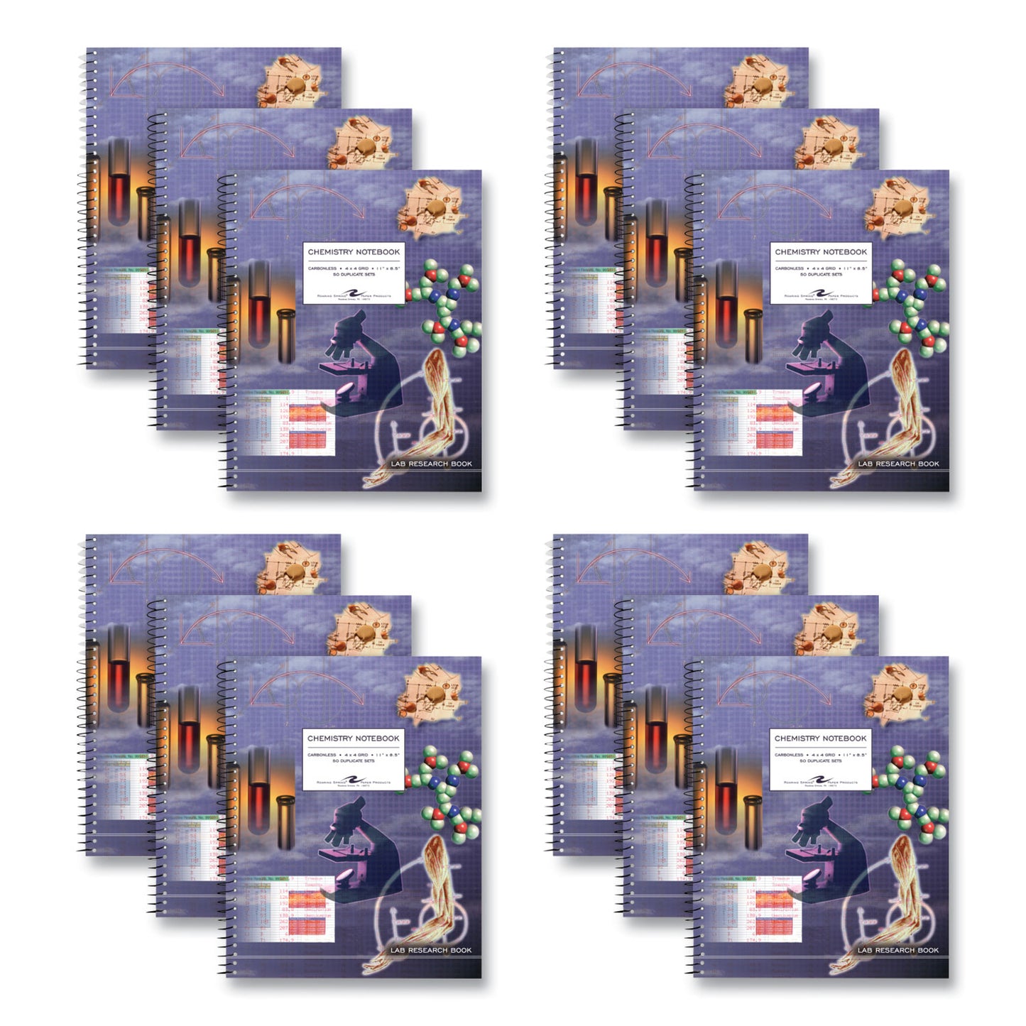 Lab and Science Two-Part Carbonless Notebook, Quadrille Rule (4 sq/in), Multicolor Cover, (50) 11 x 8.5 Sheets, 12/Carton