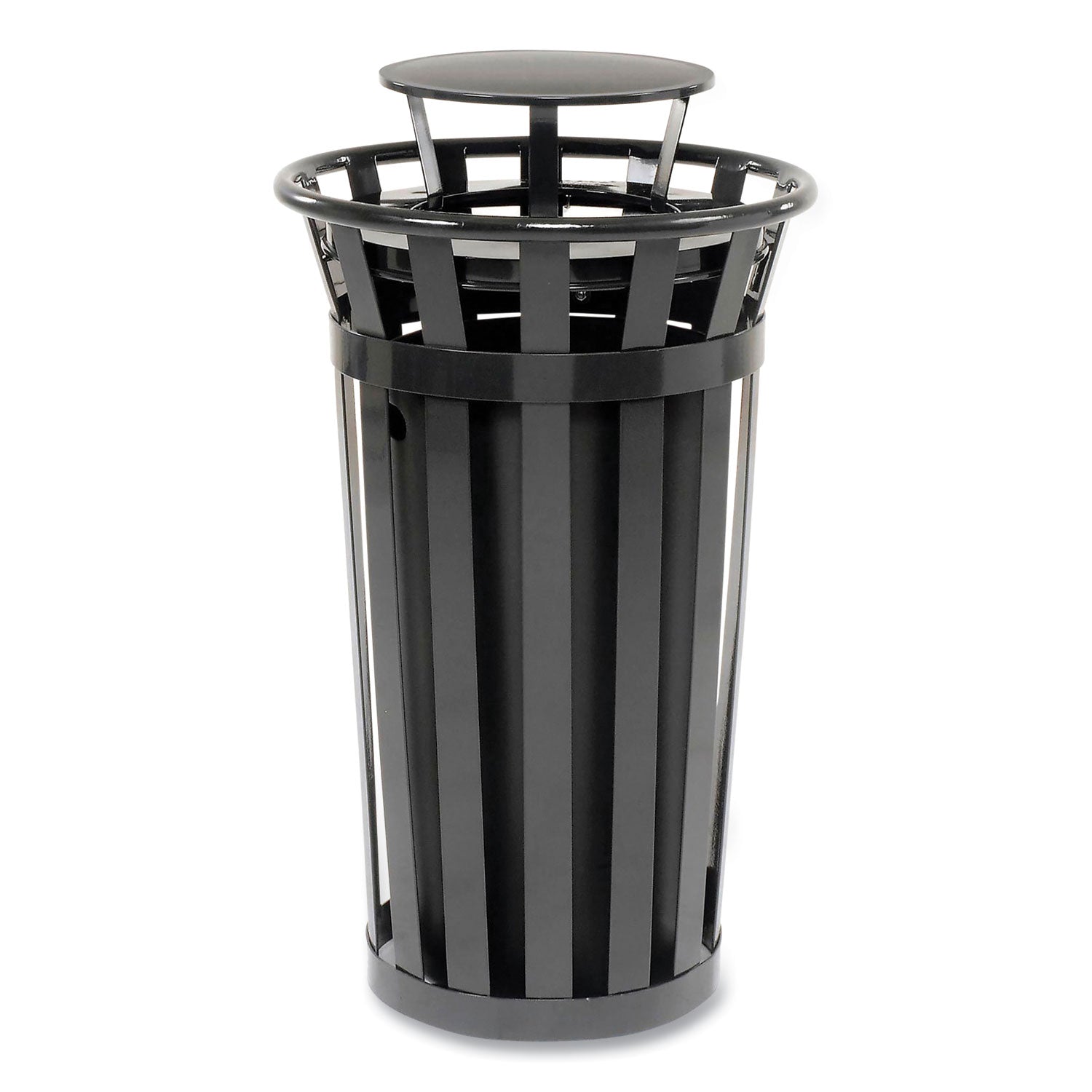 Outdoor Slatted Steel Trash Can, Rain Bonnet Lid, 24 gal, Black
