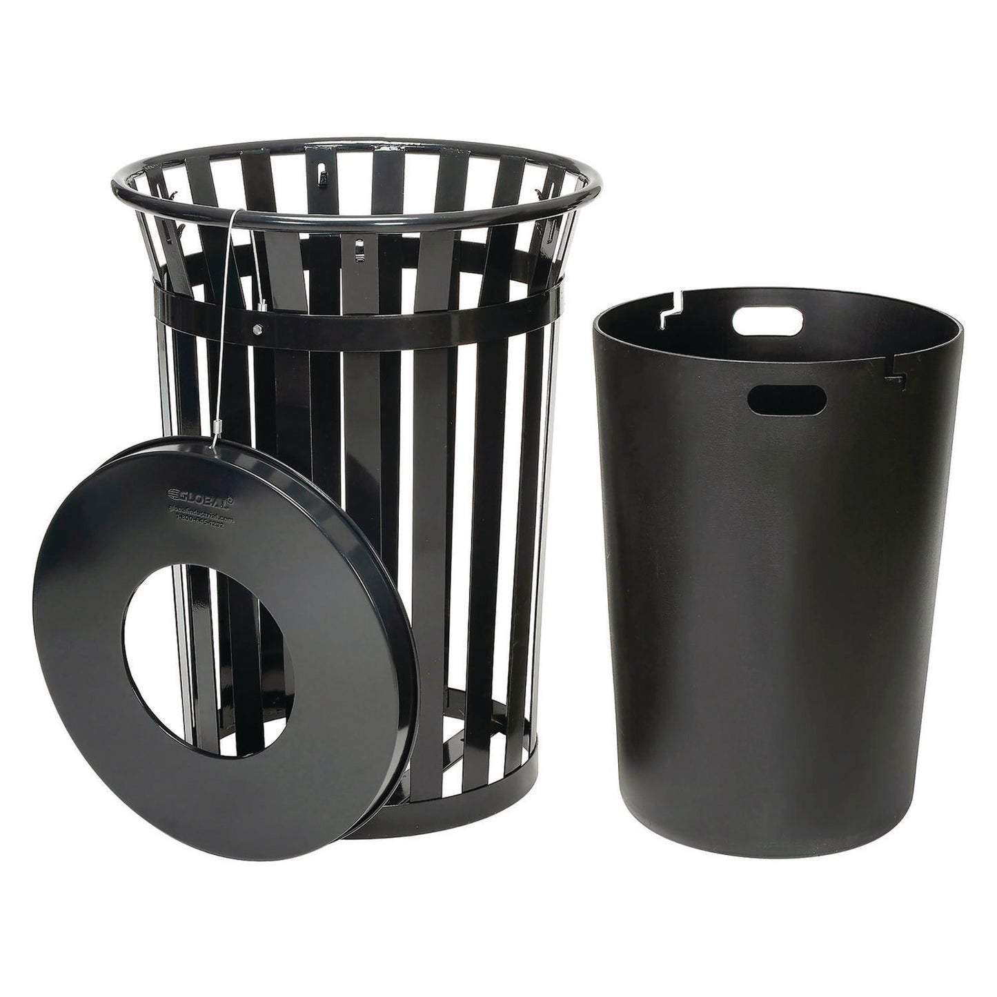 Outdoor Slatted Steel Trash Can, 36 gal, Black