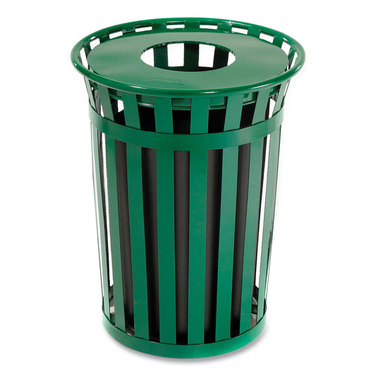 Outdoor Slatted Steel Trash Can, 36 gal, Green