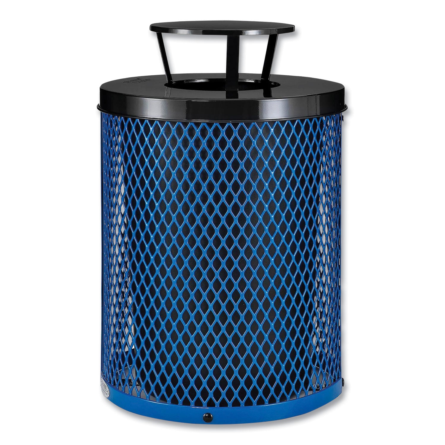 Outdoor Diamond Steel Trash Can, Rain Bonnet Lid, 36 gal, Blue