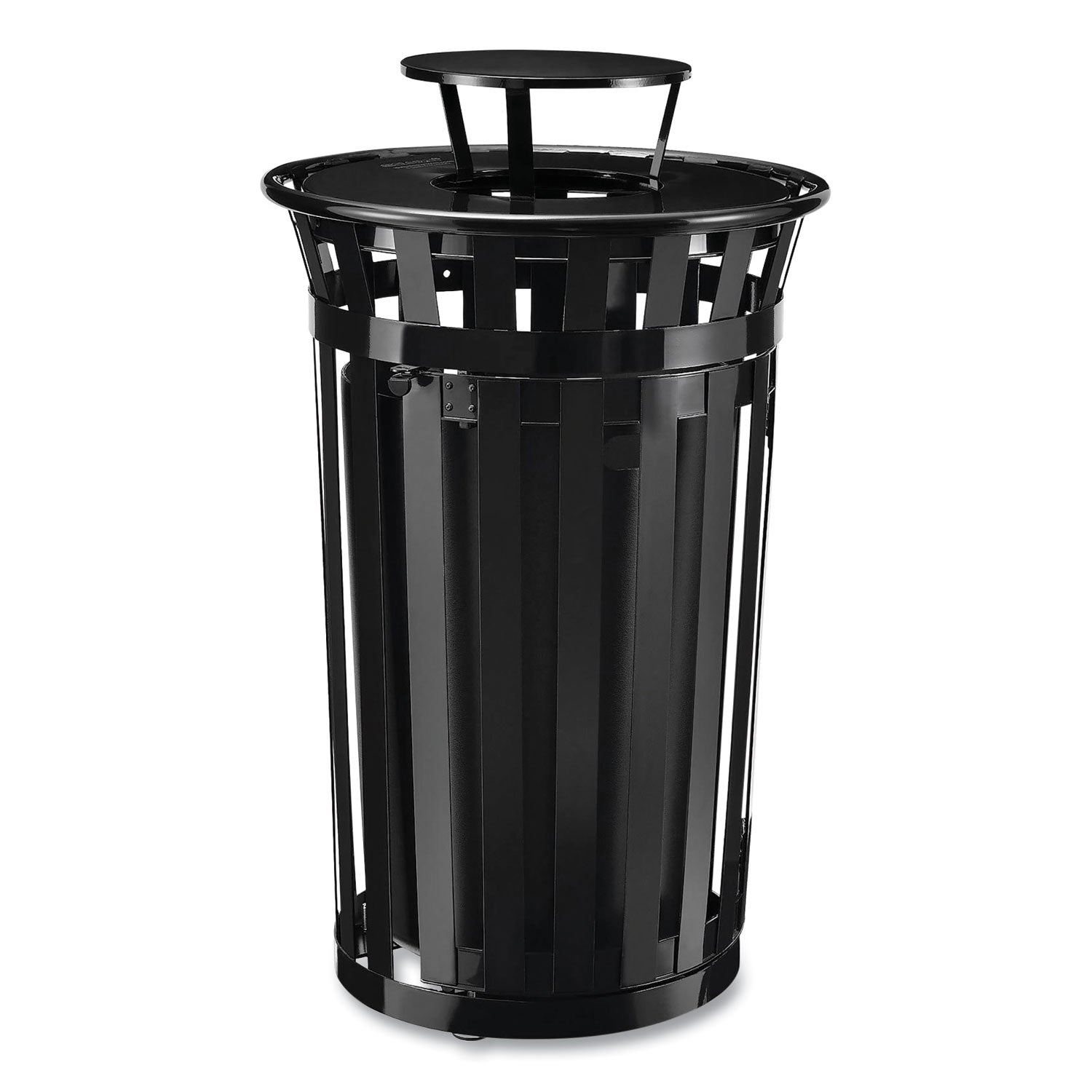 Outdoor Slatted Steel Trash Can, With Access Door and Rain Bonnet Lid, 36 gal, Black