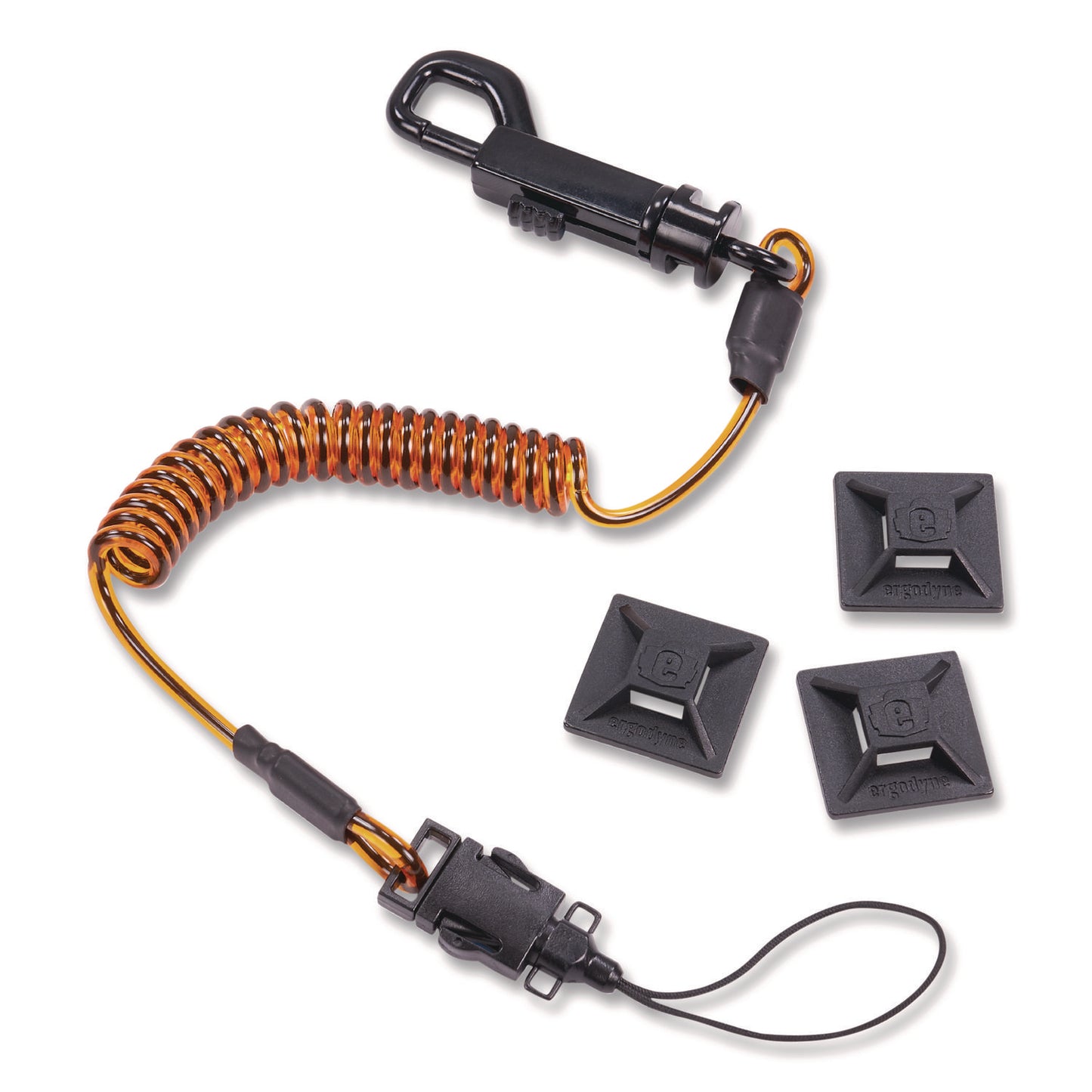 Squids 3151 Coil Lanyard Swivel Hook/Detachable Loop, Mini Adhesive Mount, 2 lb Max Working Capacity, 12" Long, Black/Orange