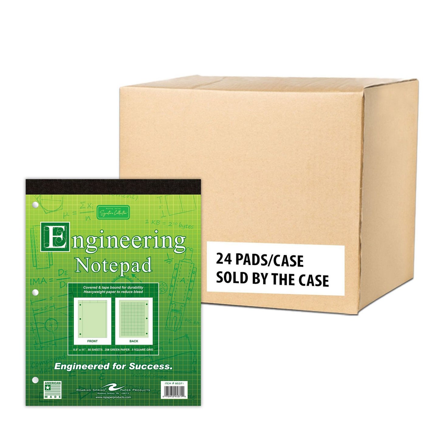 Covered Engineering Pad, Quadrille Rule (5 sq/in), (80) Green 8.5 x 11 Sheets, 24/Carton