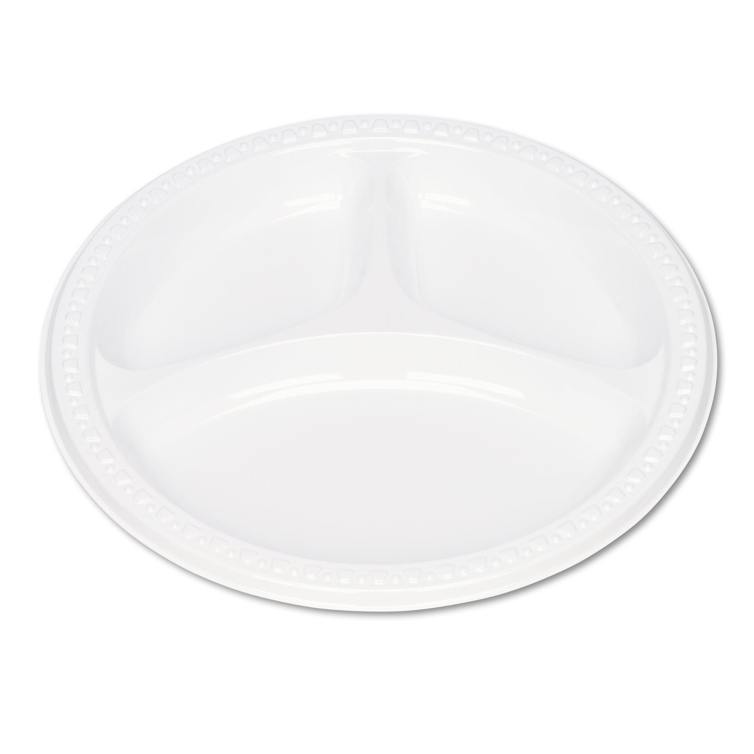 Plastic Dinnerware, 3-Compartment Plates, 9" dia, White, 125/Pack
