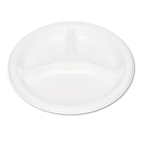 Plastic Dinnerware, 3-Compartment Plates, 9" dia, White, 125/Pack